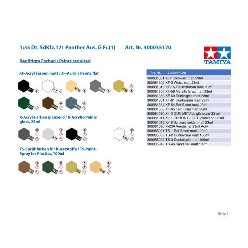 Tamiya 1/35 Military Miniature Series No. 170 German Army Panther G Early Model Plastic Model Kit 35170