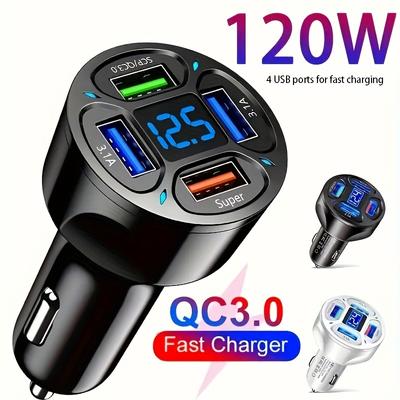 Caricabatteria Smart per Auto a 4 Porte da 66W con Display LED della Tensione - Ricarica Rapida per iPhone/Samsung/Huawei