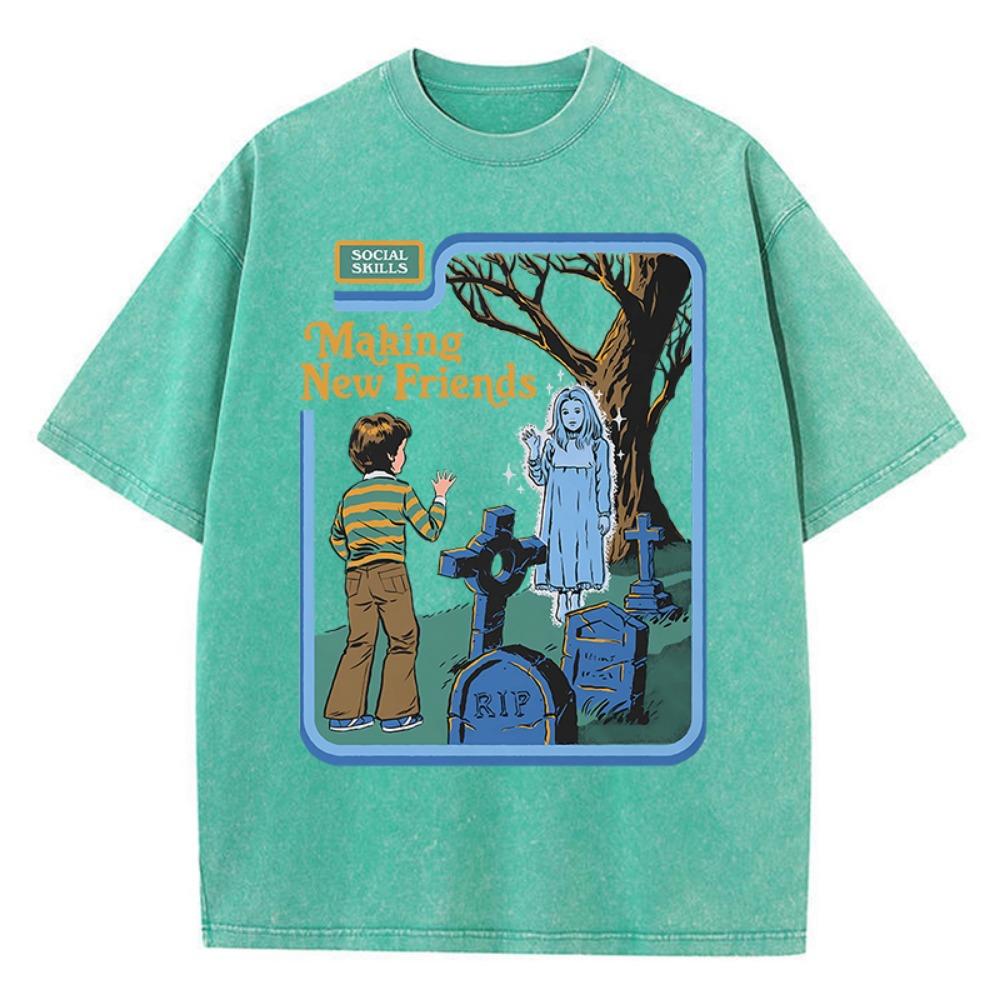 Social skills, making new friends, washed vintage women's T-shirt, hip hop breathable, casual loose fit
