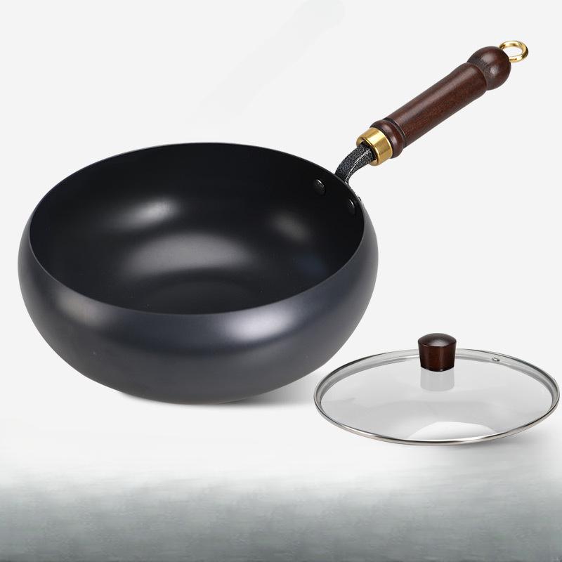 Traditional Cast Iron Wok Pan 24cm Pure Iron Cookware with Physical Non-Stick Technology Coating-Free Chinese Skillet