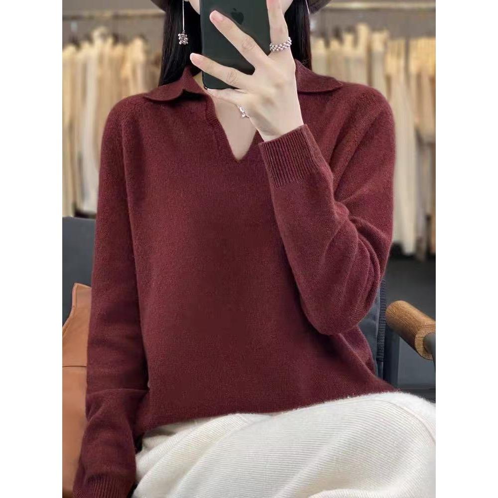 

Осенне-зимний свитер ПОЛО с маленьким V-образным вырезом и длинными рукавами, свободного кроя, вязаный базовый слой для женщин XXL красный