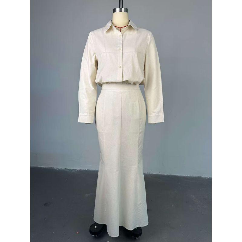 

Western Style Temperament Lapel Long sleeve Shirts High Waist Slimming Skirt sets Shirt and Skirt Set Light gray XXL