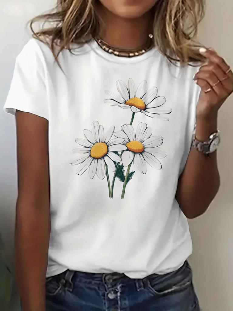 Women'S Lightweight Graphic Daisy Print T-Shirt - Casual Short Sleeve Crew Neck Top White with Blue and Green Illustration