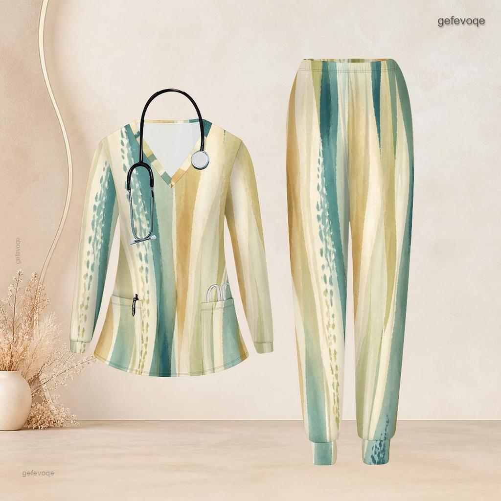 Women Plus Size Green Yellow Beige Printed Nurse Scrub Set V Neck Long Sleeve Top With Pockets Long Pants