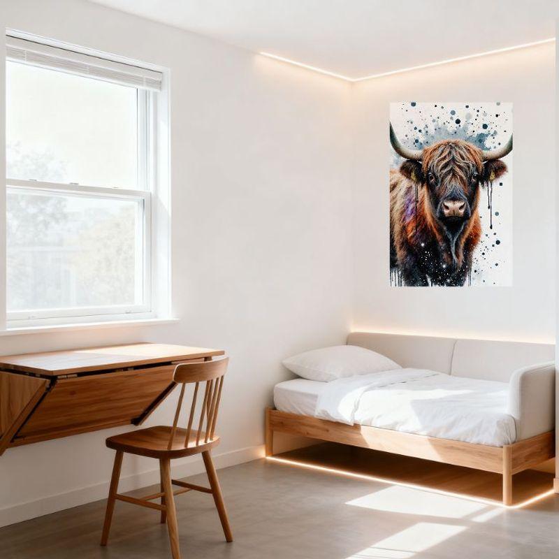 Artistic Highland Cow Watercolor Style Metal Tin Sign, Shaggy Brown Black Fur with Paint Splashes, Whimsical Abstract Wall Decor