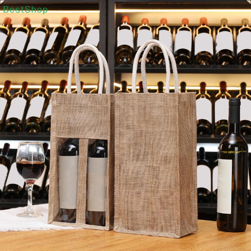 Windowed Burlap Red Wine Gift Bag Linen Tote Single Double Bottle Champagne Package Bags Wedding Favors For Guests