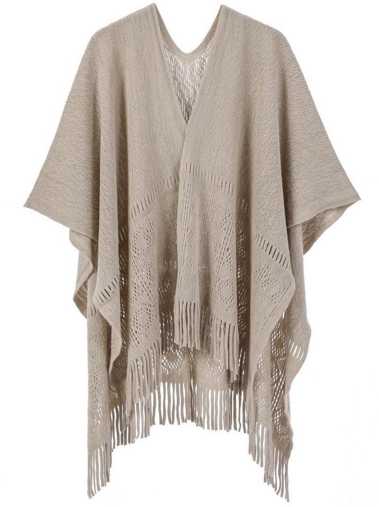 Hot-Selling Knit Shawl: Spring Summer Autumn, Hollow Design, Tassel Trim, Solid Color, Lightweight for European & American Styles.