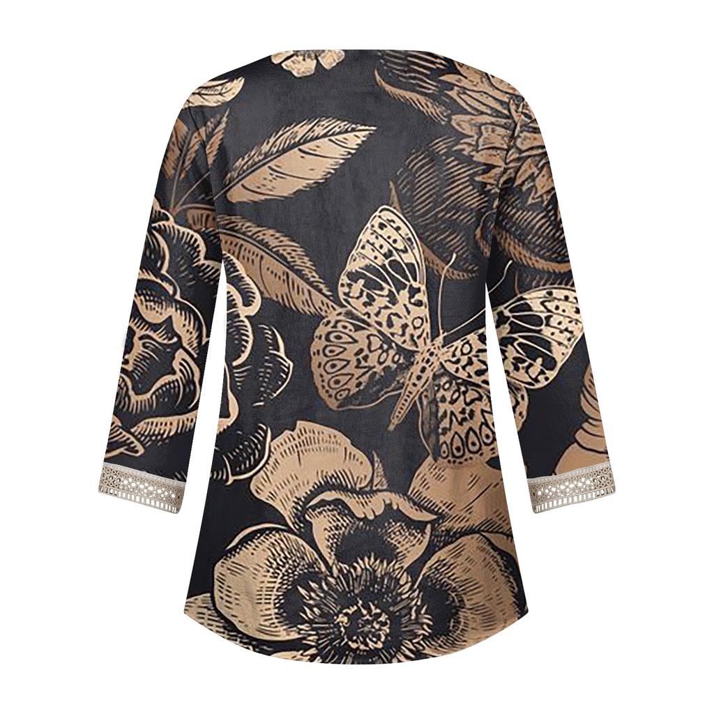 Women's Shirt Blouse Casual Loose Shirts 3/4 Sleeve Lace Trims Print V Neck Tops Print Tops T-shirts