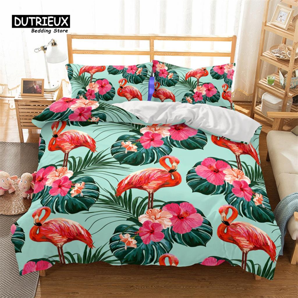 Soft Flamingo 3D Print Bedding Set Fresh Style Cartoon Animals Green Leaves Tropical Fruit Floral Duvet Cover With Pillowcases