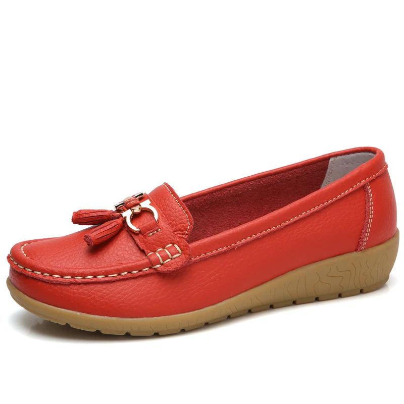 Damen Ballerinas Mode Echtes Leder Keilabsatz Retro Damenschuh Quaste Damen Loafers Slip On Weiche Damen Mokassins Übergröße