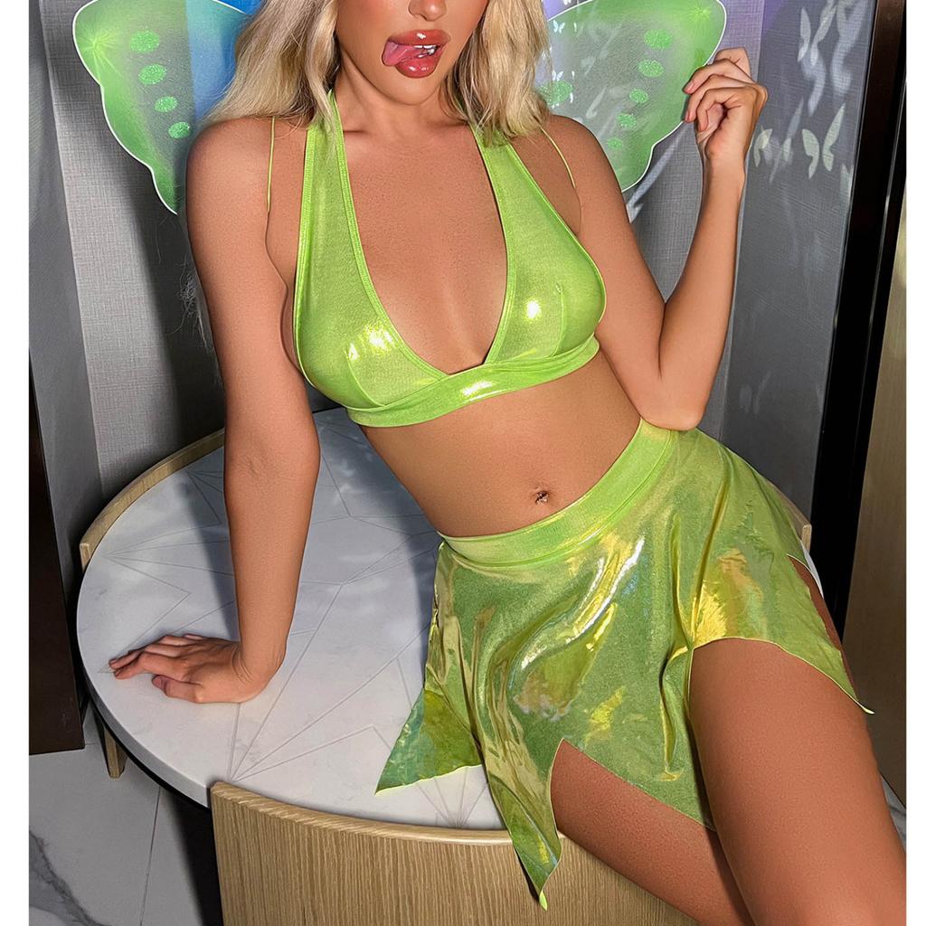 Damen Sexy Fee Kostüm Cosplay Bikini Badeanzug Neckholder BH String Minirock Überärmel Flügel