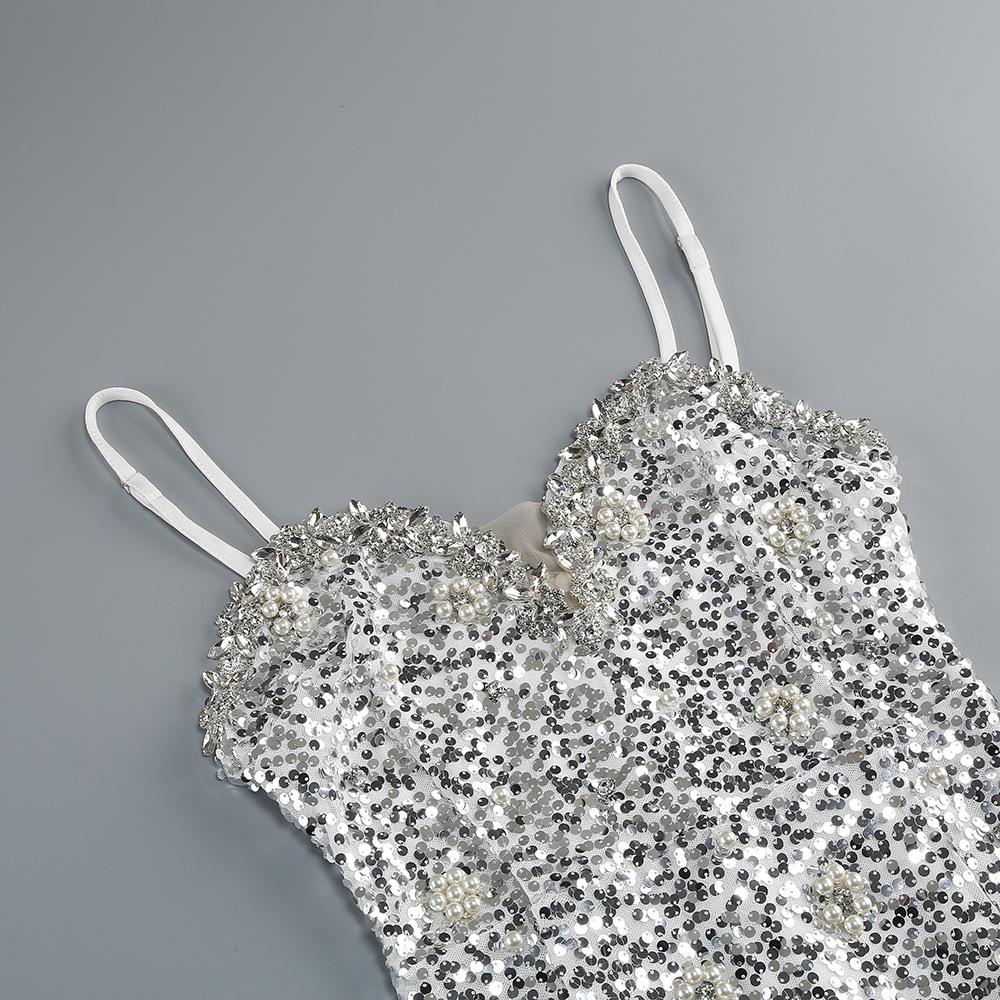 Europäisch-amerikanisches Pailletten-V-Ausschnitt Party-Minikleid - Sexy, Slim Fit, Kurze Länge, Eleganter Stil