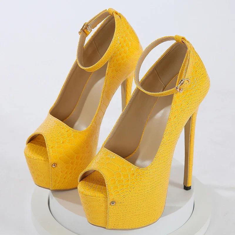 Fashion Sexy Peep Toe Buckle Strap Platform High Heels Womens Super-high Heels Stripper Nightclub Prom Party Shoes Yellow Block Heel