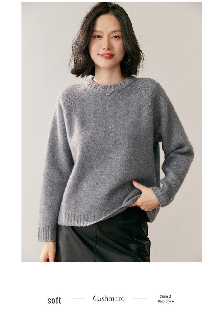 Women's Thickened Cashmere Raglan Sweater: Double-Layer, Loose Fit, Round Neck, Fashionable Knitted Base Layer, Lazy Style