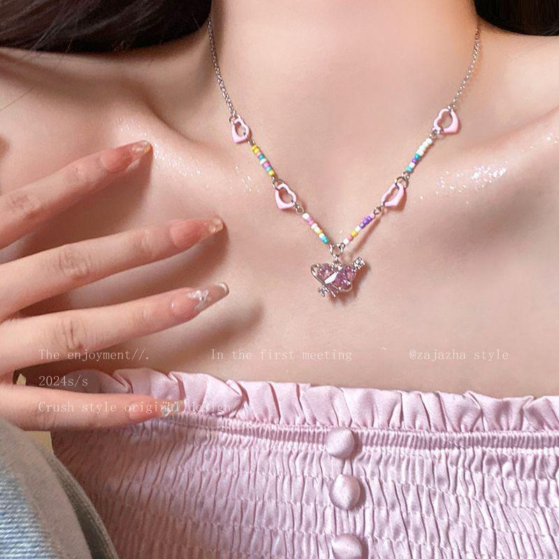 Sweet and cool Spice Girl wind pink love zircon necklace women s summer 2025 new light luxury niche accessories collarbone chain