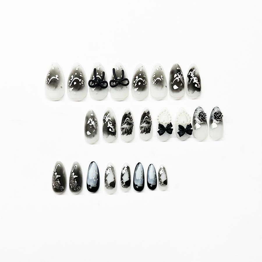 Elegant Long Almond Pearl Heart Black Bow False Nail Tips