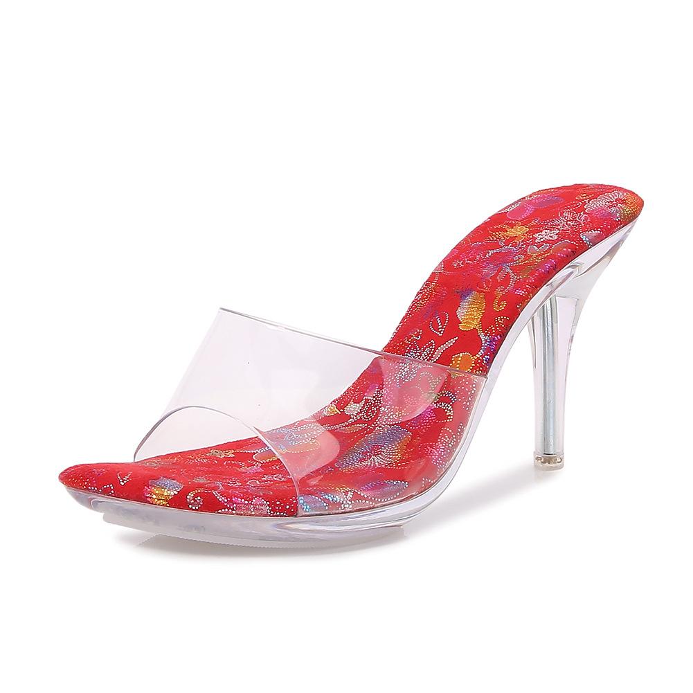 Summer New Transparent Crystal Heel Cool Slippers Women's Color Fashion Car Model Catwalk Large Size High Heels