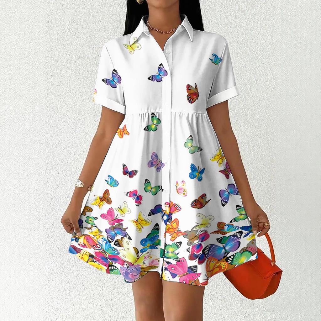 Women’s Casual Loose Fit Shirt Dress Button Front Stand Collar Short Sleeve Relaxed Tunic Dress with Geometric Print