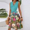 Women's Spring Summer Casual V Neck Sleeveless Waist Floral Print Midi Dress