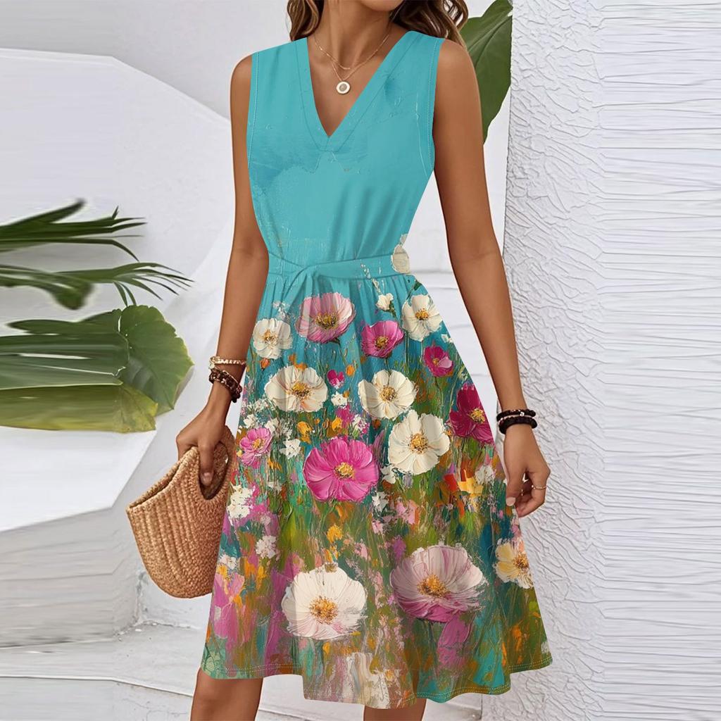 Women's Spring Summer Casual V Neck Sleeveless Waist Floral Print Midi Dress