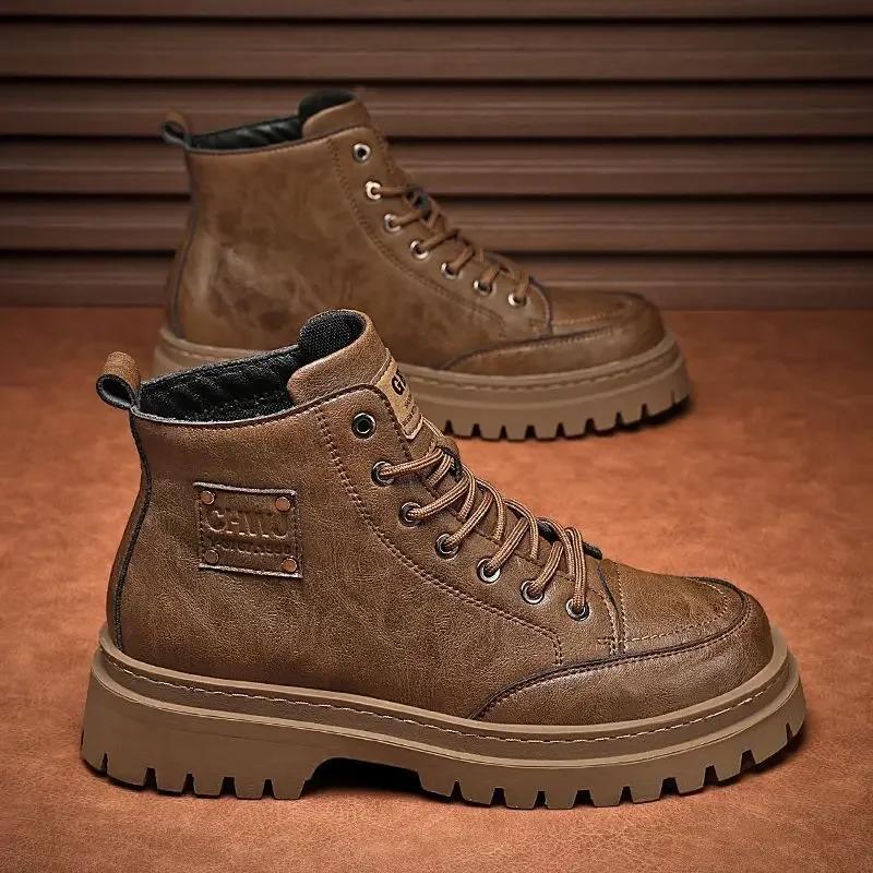 Men Boots Autumn Leather Waterproof Mid-top Sports Shoes New Fashion Ankle Boots Casual Outdoor Hiking Boots Shoes Male Sneakers