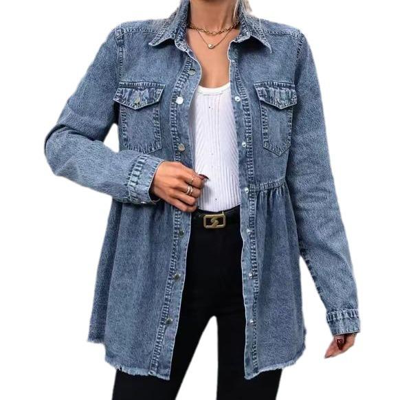 Women's Washed Raw Edge Denim Long Sleeve Shirt Jacket