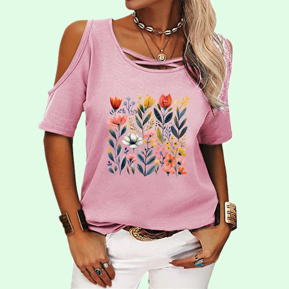 Women Fashion Round Collar Top Summer Off Shoulder Tee Shirt Casual Floral Print Short Sleeve T-shirt