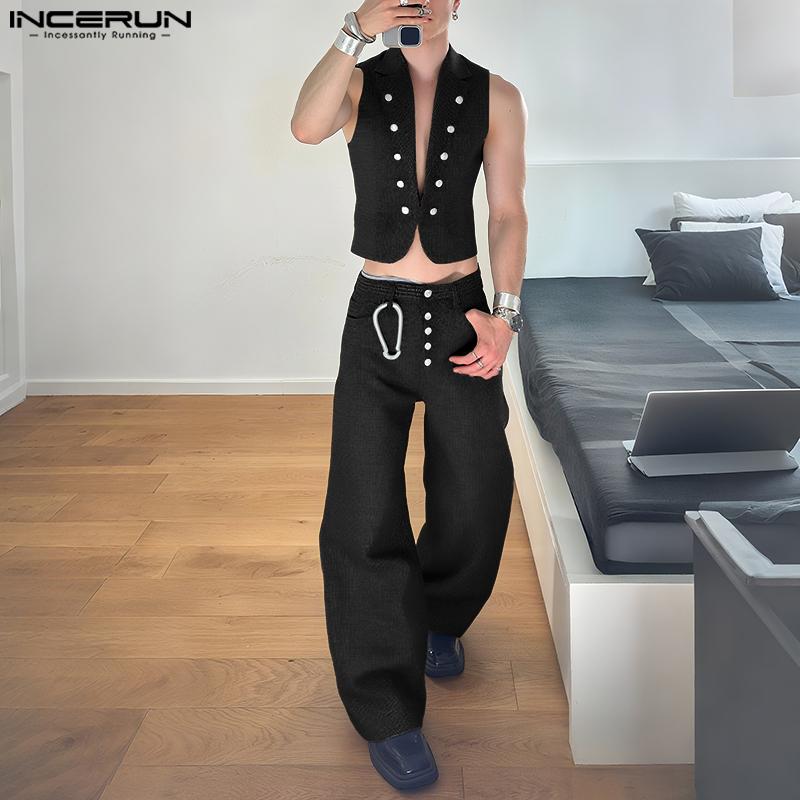 INCERUN 2PCS Two Pieces Men Sleeveless Texture Cropped Waistcoat and Long Straight Pants Sets