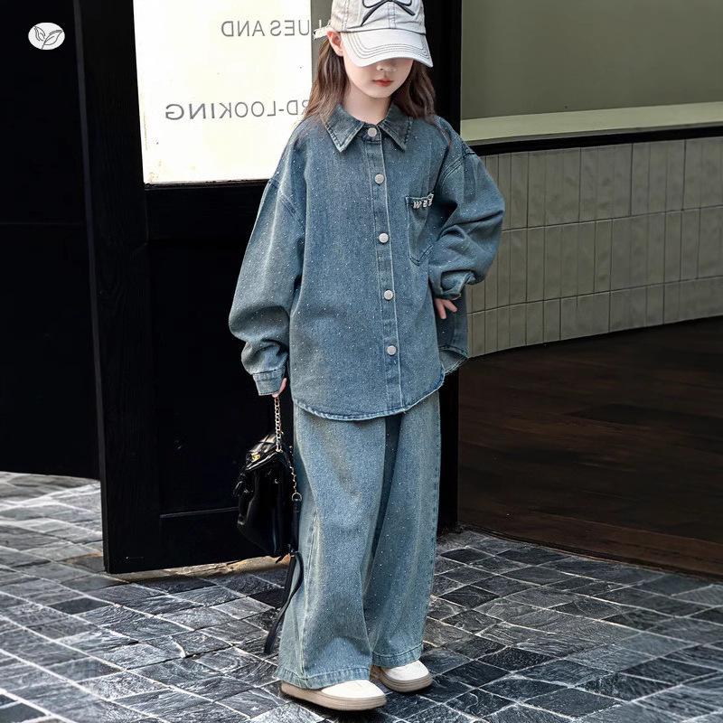 Rhinestone Denim Set voor Meisjes: Stijlvol Shirt & Wijde Broek voor Lente & Herfst (2026)