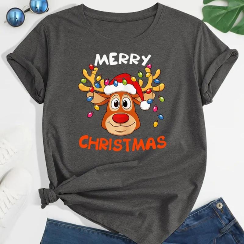 

Модная женская футболка с принтом рождественского оленя, фиолетового кольца, забавная повседневная футболка с круглым вырезом и короткими рукавами, летняя женская футболка 6XL серый