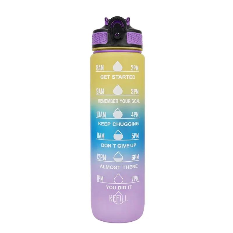 1000ml Motivational Sports Water Bottle Straw Bottle Leakproof Gradient Time Marker Drinkware for Gym Outdoor
