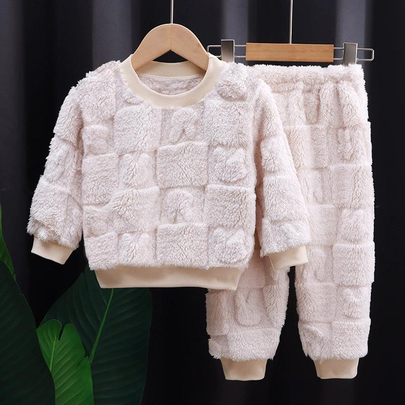 Children's Autumn and Winter Flannel Pajamas Set Boys Plus Velvet Thickened Home Service Girls Thermal Underwear Set