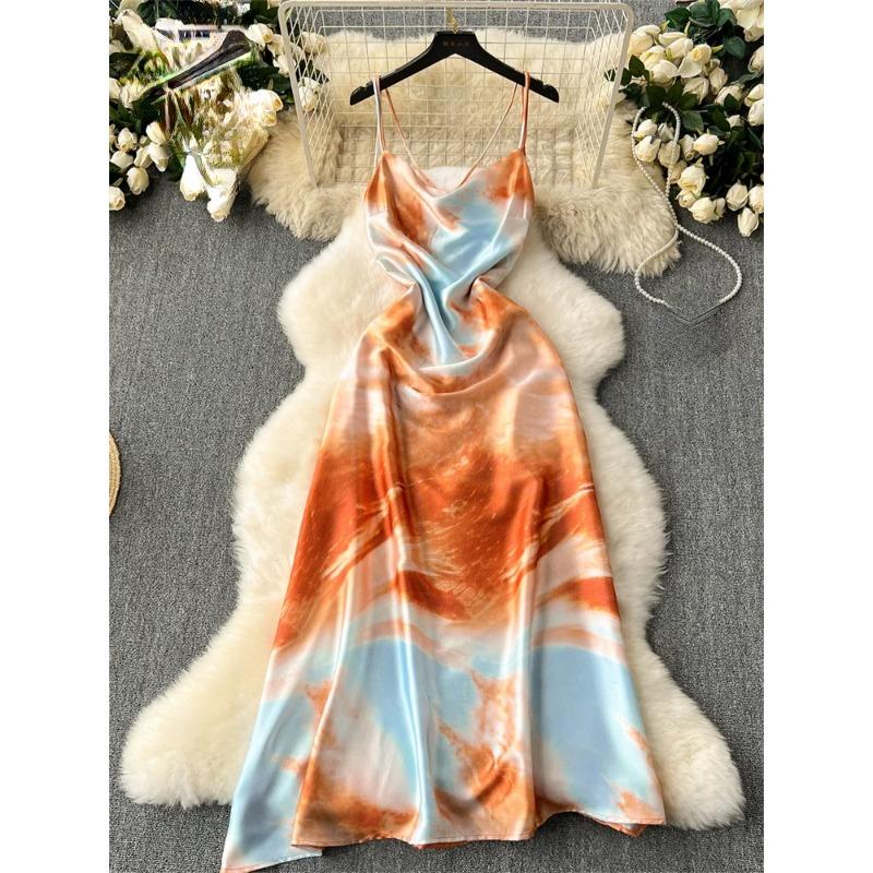 Off Shoulder Elegant Sling Party Strap Dress Women Sexy Printing Chic Backless Long Dresses Female Sweet Fashion Sleeveless Beach Clothing