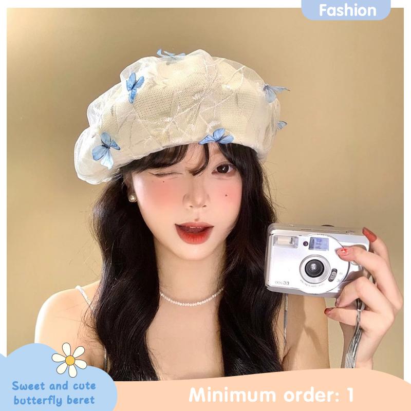 Summer Thin Three-Dimensional Mesh Sweet Cute Butterfly Beret For Women To Take Pos Knitted Fashionable All-Match Painter Hat