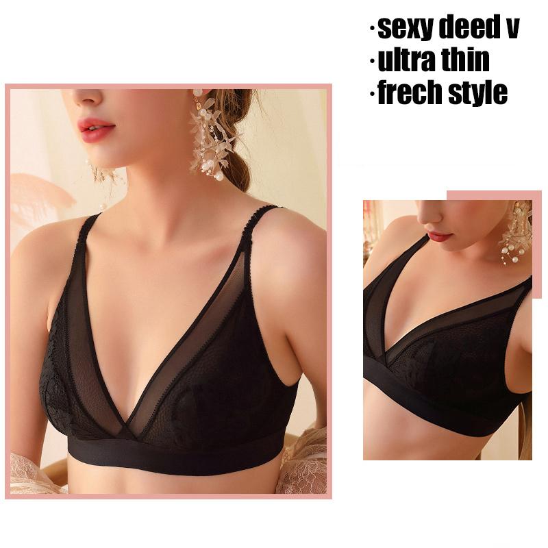Sujetadores inalámbricos sexy para mujer Bralette de encaje ultrafino con escote en V profundo