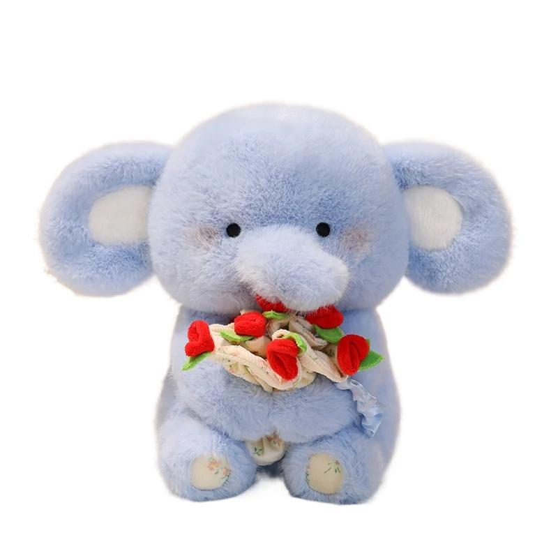 Cute Flower Holding Elephant Plush Toy Soft Stuffed Animal Doll Kids Birthday Valentines Day Gift Home Decor Fluffy Plushie