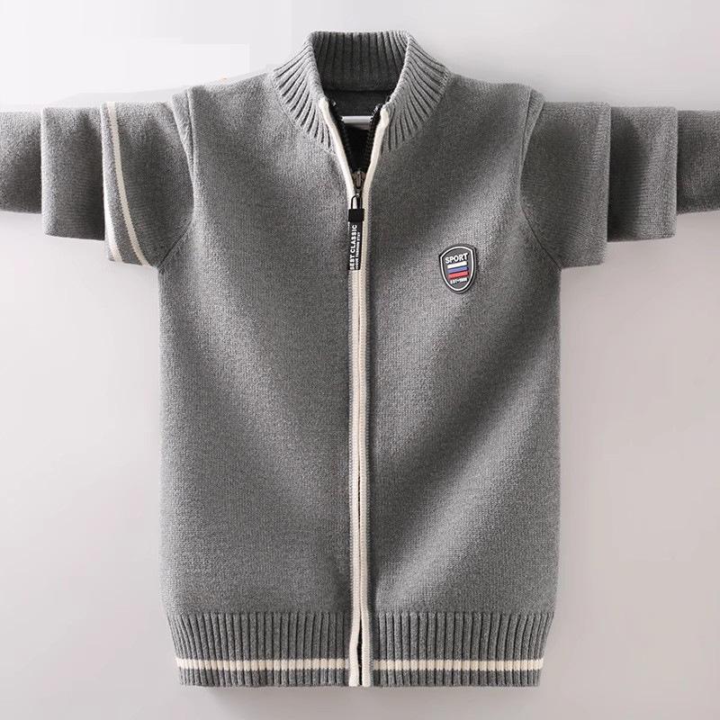Cardigan zippé en tricot rouge pour garçon: Doublé polaire, Pur coton, Laine épaisse pour l'automne/hiver