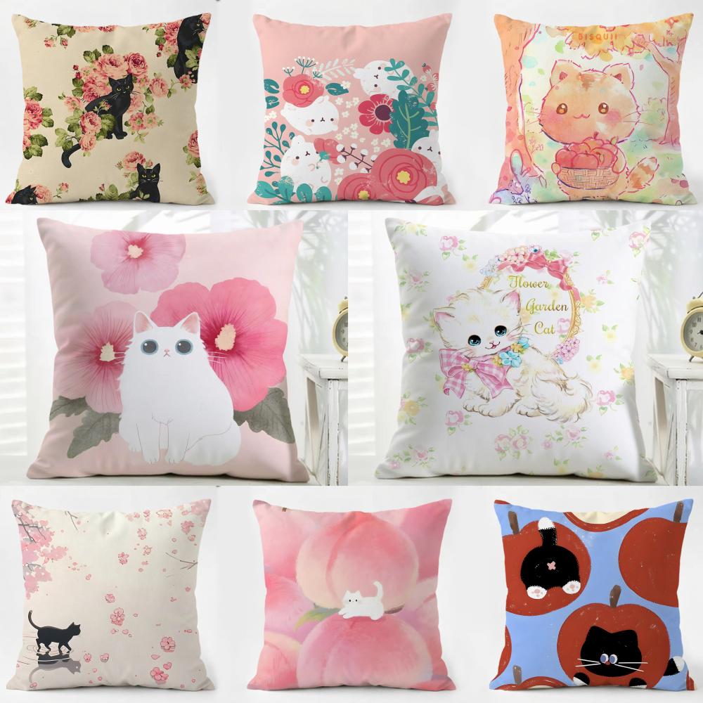 KKitty Flowers apples Kitty Cushion Cover Pillow Case Soft Friendly Fabric Concealed Zipper