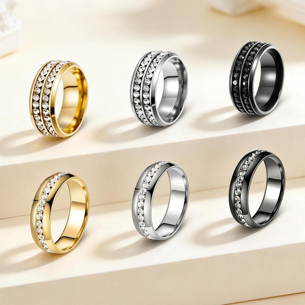 Titanium Steel Retro Couple Rings with Row of Diamonds