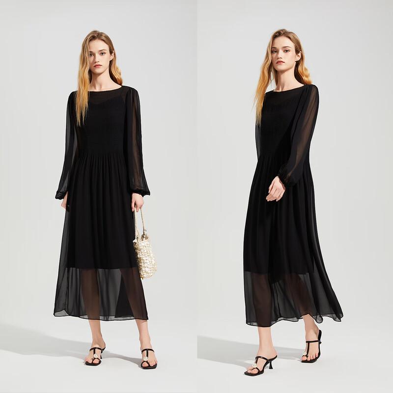 Women's High-Waist Round Neck Long Sleeve Midi Dress