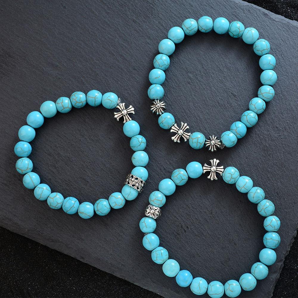 Turquoise Cross Bracelet, Retro Ethnic Style, Trend Temperament, High-End Elastic Rope Bracelet.