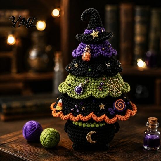 DIY Yarn Craft for Halloween Fun Tree Crochet Pack, Kit with Hooks And Step Project by Guide, Creative Handmade Knitting Supplies Festive Home Desktop