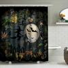 Halloween-themed shower curtain featuring a witch flying through the air with bats and pumpkins perfect for spooky decor Black