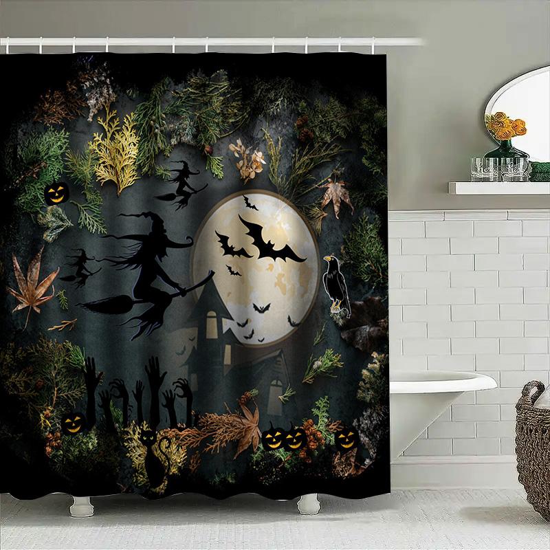 Halloween-themed shower curtain featuring a witch flying through the air with bats and pumpkins perfect for spooky decor Black