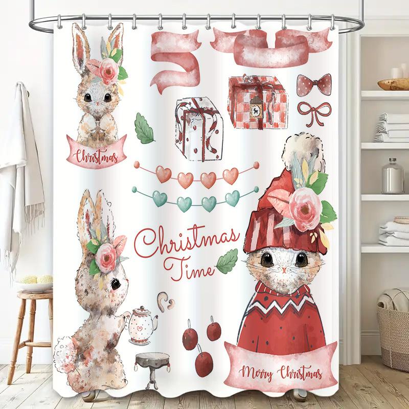 Watercolor Christmas Shower Curtain Set Rabbit Cat Winter Festive Decor for Bathroom Merry Xmas Home Decor Red White Heart Gift