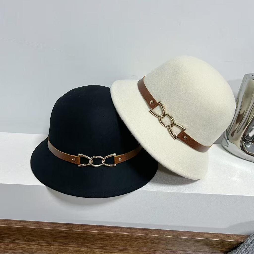 French romantic lady style hat women's autumn and winter small edge top hat belt buckle wool bucket hat showing washbasin hat
