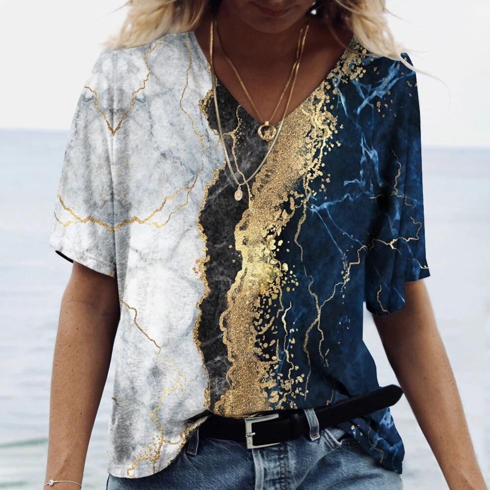 Summer Fashion Textured 3D Print T-shirts Women Casual Streetwear Short Sleeve V-Neck T Shirt Harajuku Tees Tops Clothing