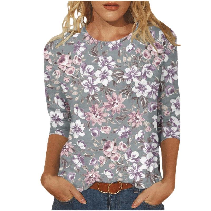 Women's T-shirt 3d Print Vintage Floral Print Casual Long Sleeve Round Neck Regular Tops Daily Print Pink, Spring and Autumn