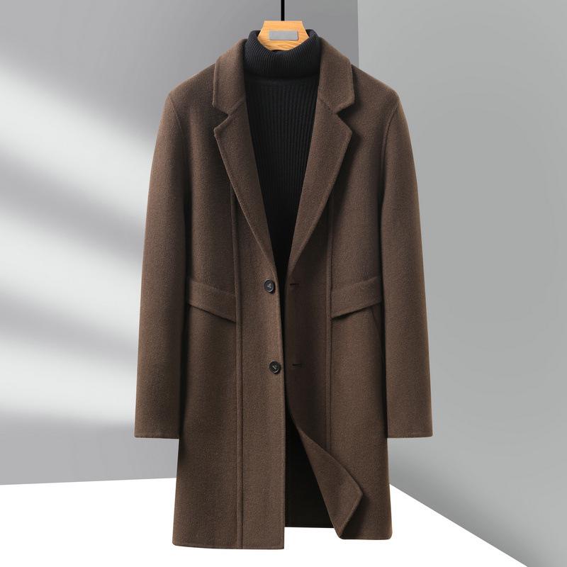 Men's Mid-Length Double-Sided Woolen Coat, Suit Collar, Korean Style, Casual Jacket for Autumn Winter.