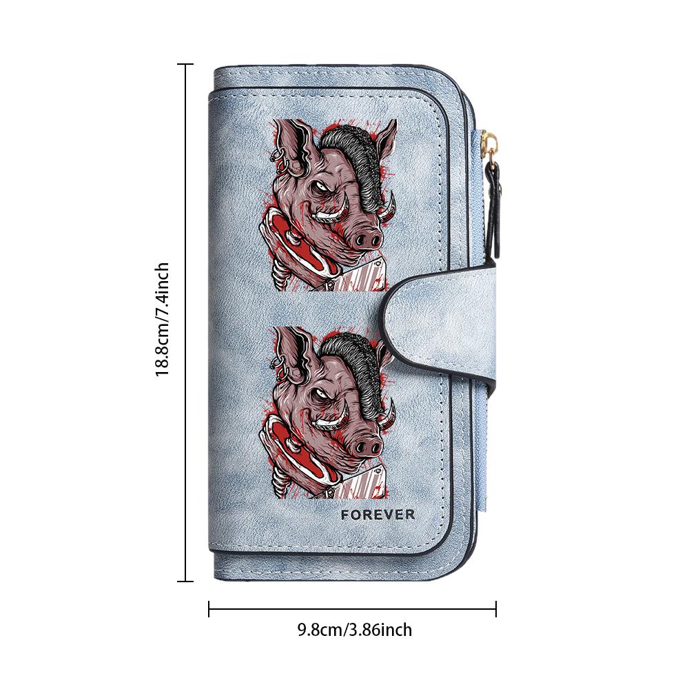 Gothic Boar Print Long Wallet Forever Leather Card Holder Fashionable Daily Cash Purse For Cool Style Users
